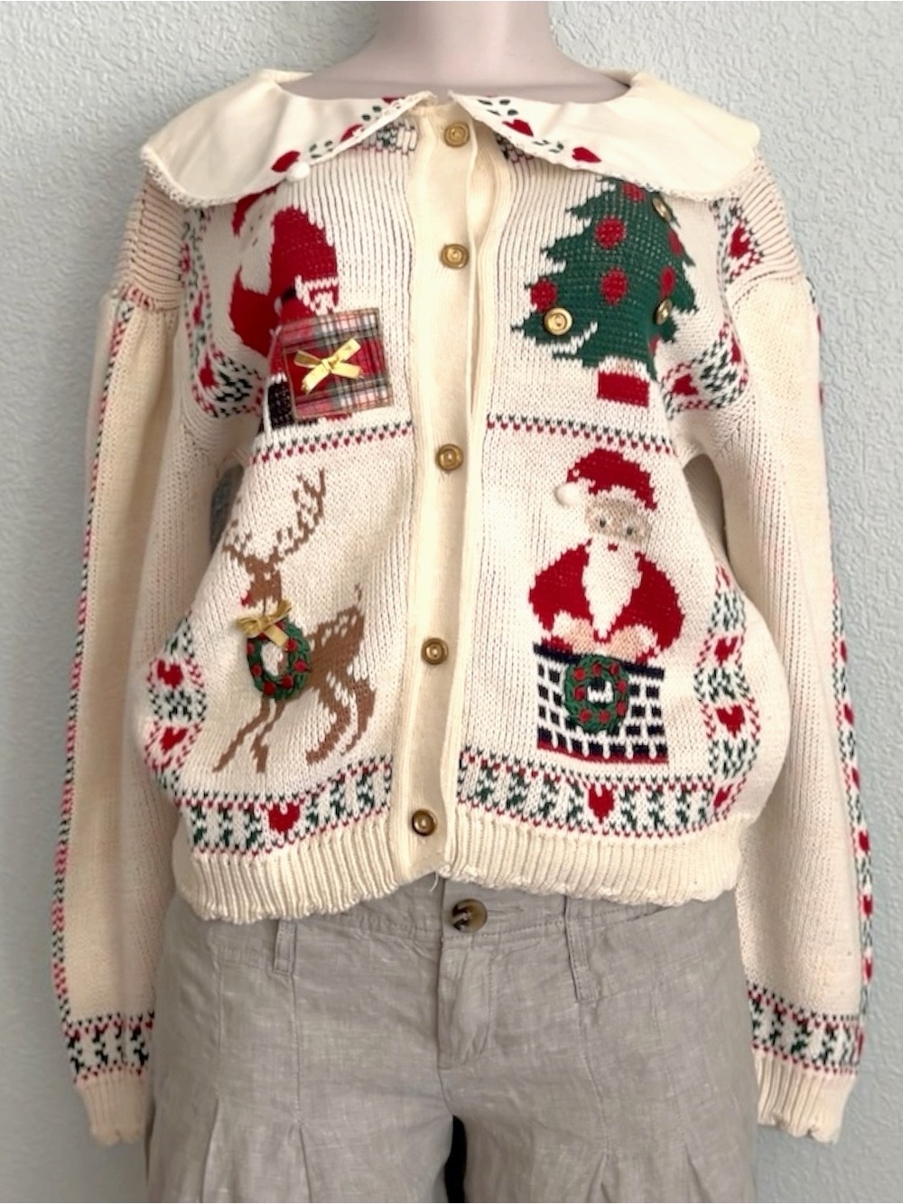 VTG 80s Sweater Loft New York Christmas Cardigan Peter Pan Collar Santa SZ M